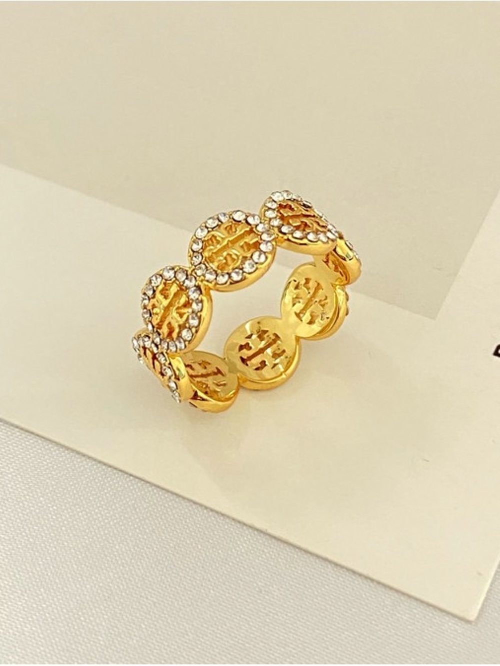 Tory Burch Gold Crystal-Embellished Logo Link Ring